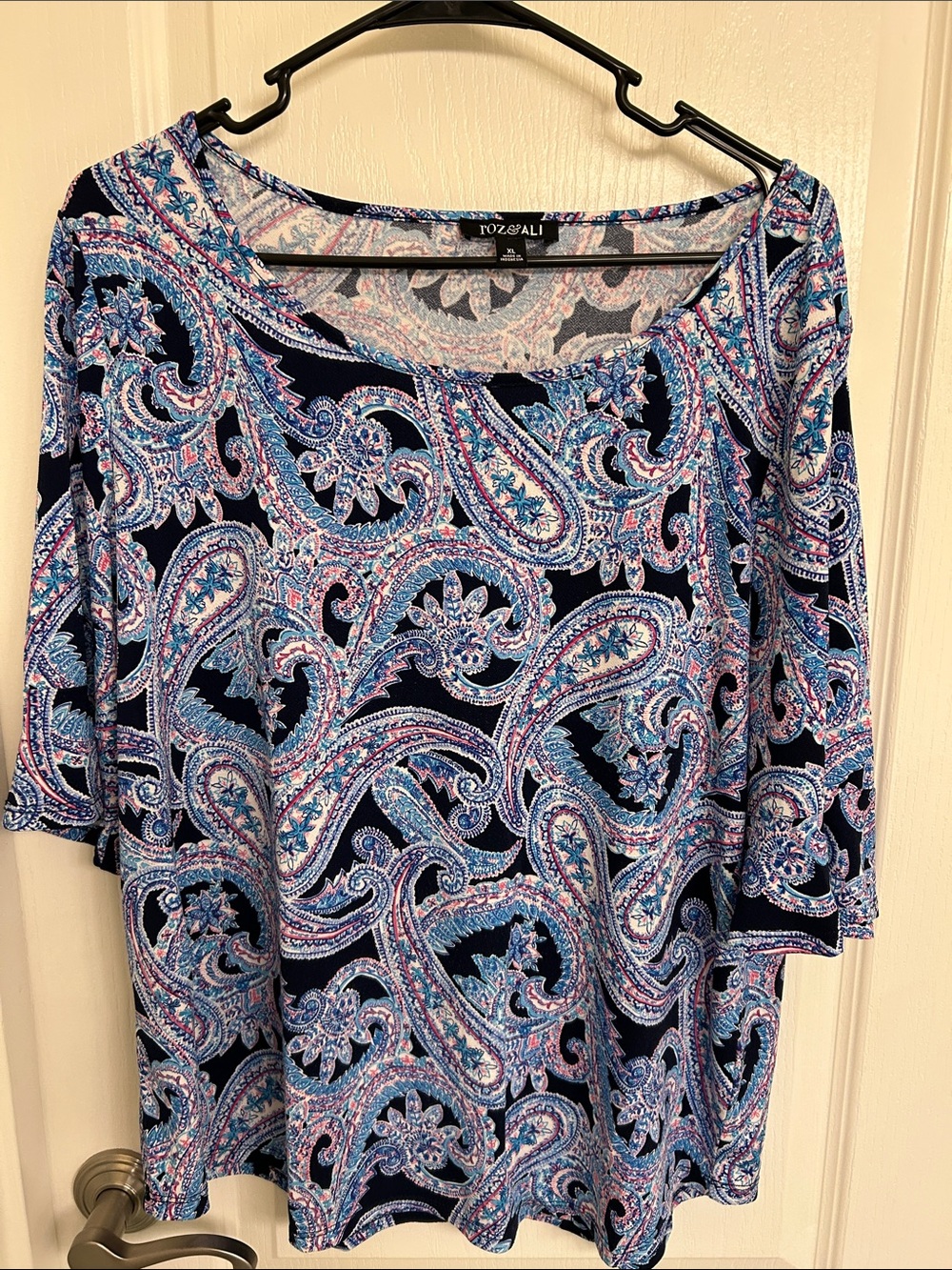 Roz & Ali Navy Paisley Scoop Neck Top with Blue and Pink Accents